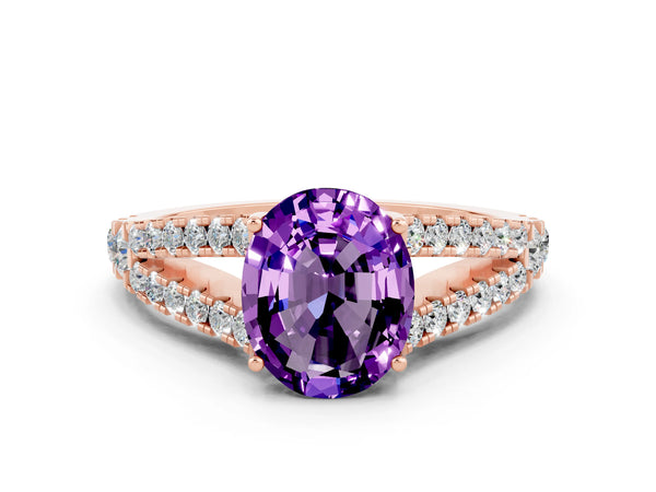 Rose gold Oval Cut Amethyst Split Shank Engagement Ring with Round Pavé and Prong Setting