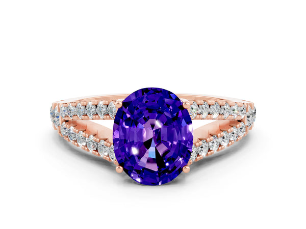 Rose gold Oval Cut Tanzanite Split Shank Engagement Ring with Round Pavé and Prong Setting