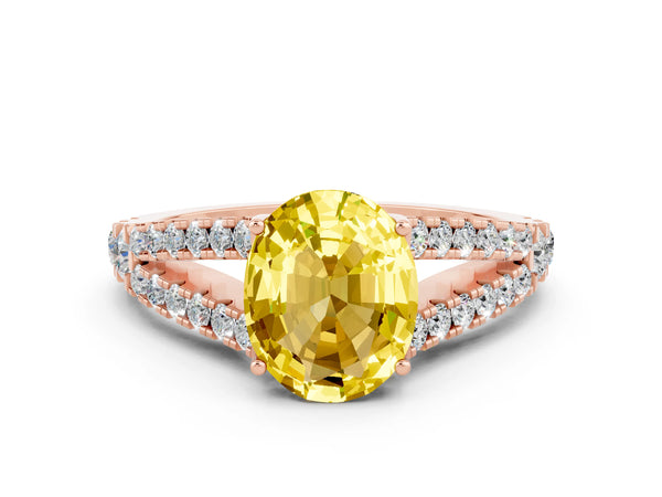 Rose gold Oval Cut Yellow Sapphire Split Shank Engagement Ring with Round Pavé and Prong Setting
