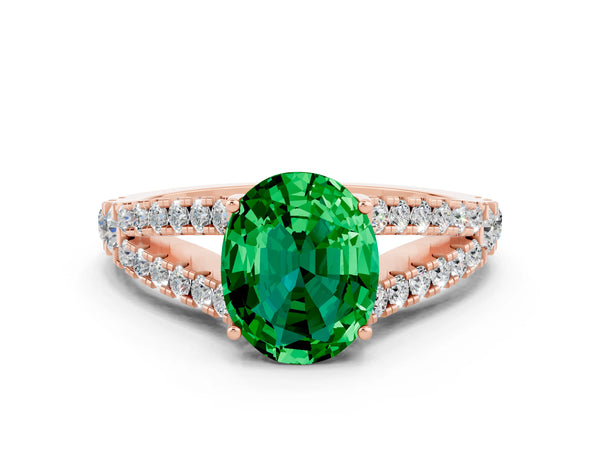 Rose gold Oval Cut Emerald Split Shank Engagement Ring with Round Pavé and Prong Setting