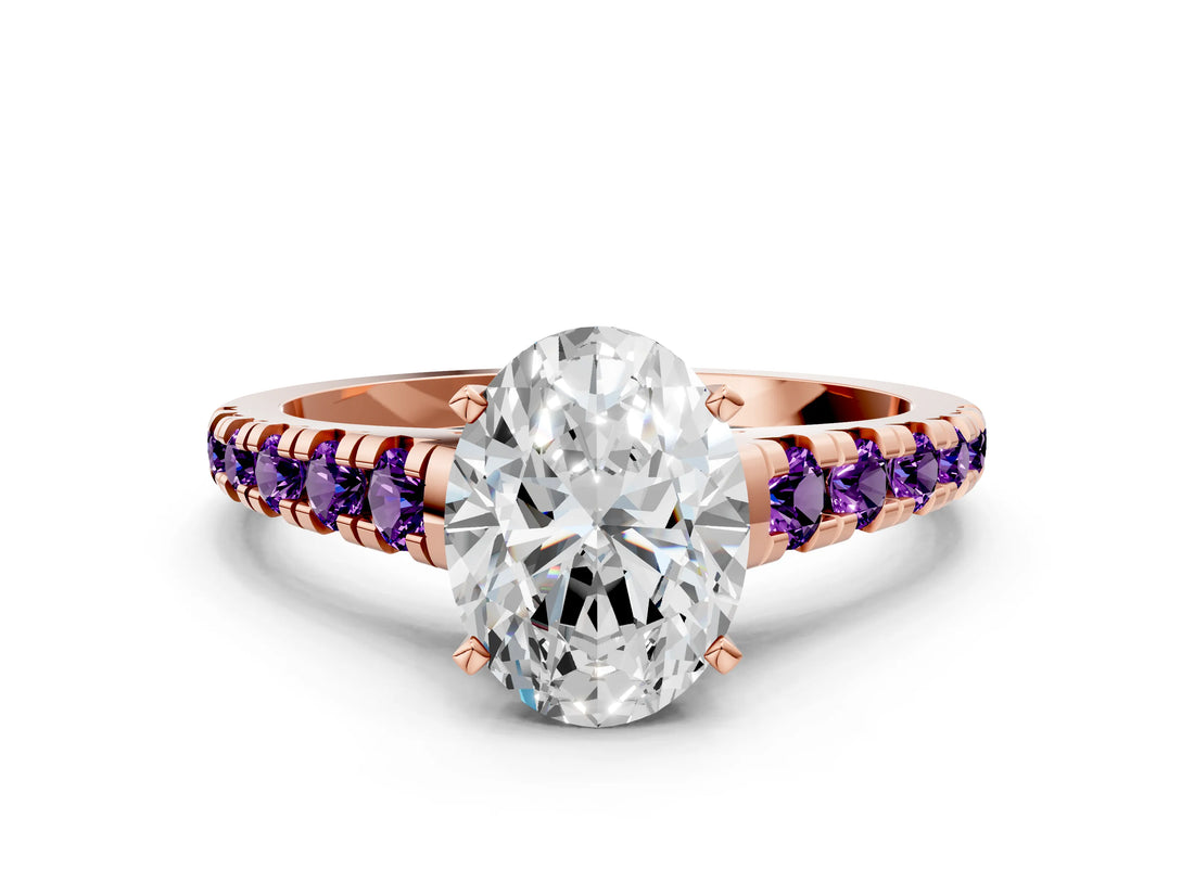 Rose gold Oval Cut Diamond Cathedral Solitaire Ring with Round with Amethyst side stone Pavé Band_12