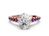 Rose gold Oval Cut Diamond Cathedral Solitaire Ring with Round with Amethyst side stone Pavé Band_12