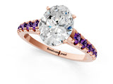 Rose gold Oval Cut Diamond Cathedral Solitaire Ring with Round with Amethyst side stone Pavé Band_13
