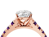 Rose gold Oval Cut Diamond Cathedral Solitaire Ring with Round with Amethyst side stone Pavé Band_16