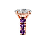 Rose gold Oval Cut Diamond Cathedral Solitaire Ring with Round with Amethyst side stone Pavé Band_17