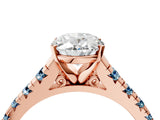 Rose gold Oval Cut Diamond Cathedral Solitaire Ring with Round with Aquamarine side stone Pavé Band_16