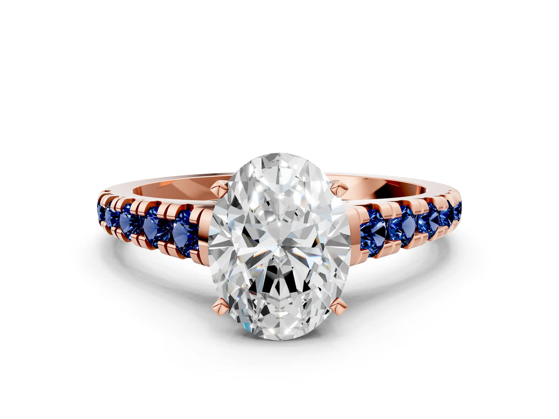 Rose gold Oval Cut Diamond Cathedral Solitaire Ring with Round with Blue Sapphire side stone Pavé Band_12
