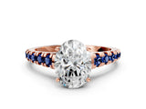 Rose gold Oval Cut Diamond Cathedral Solitaire Ring with Round with Blue Sapphire side stone Pavé Band_12