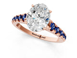 Rose gold Oval Cut Diamond Cathedral Solitaire Ring with Round with Blue Sapphire side stone Pavé Band_13