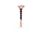 Rose gold Oval Cut Diamond Cathedral Solitaire Ring with Round with Blue Sapphire side stone Pavé Band_14