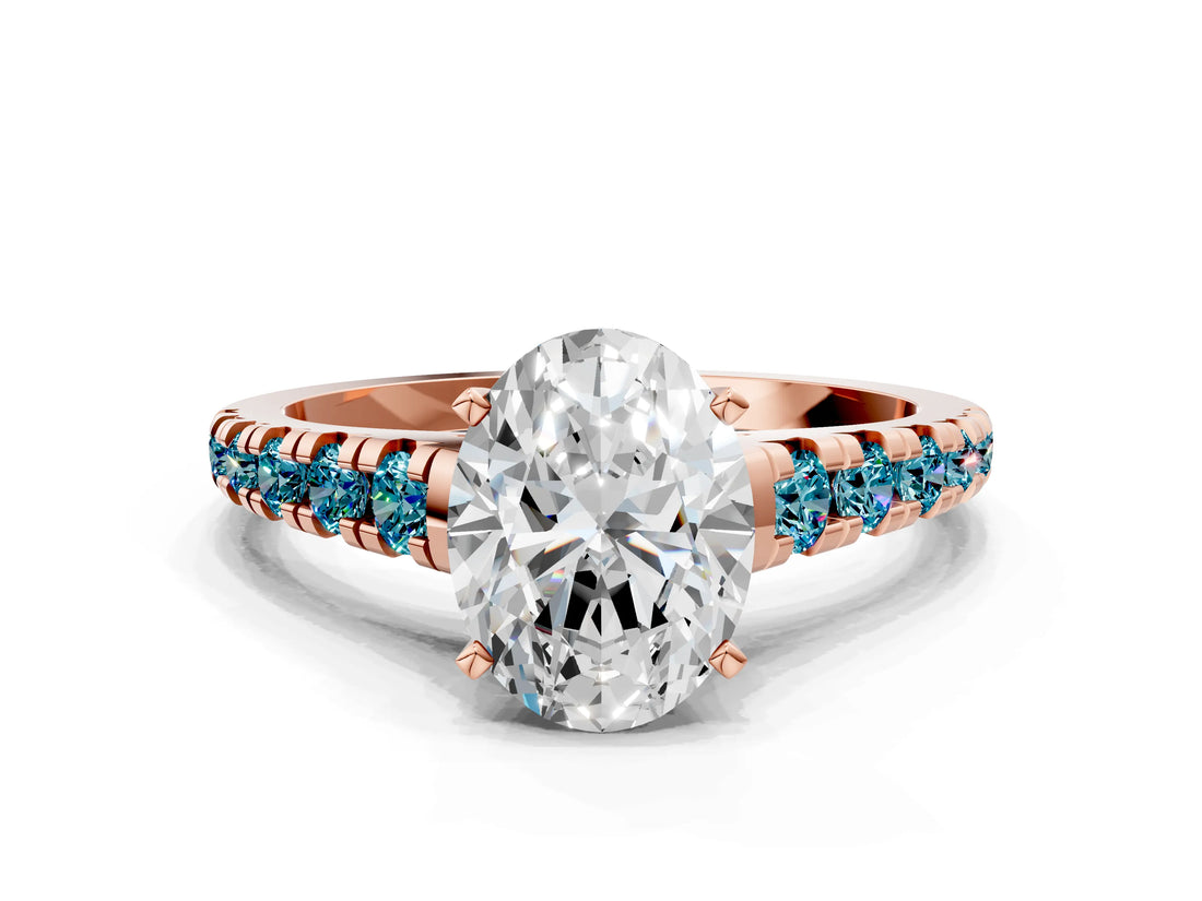 Rose gold Oval Cut Diamond Cathedral Solitaire Ring with Round with Blue Topaz side stone Pavé Band