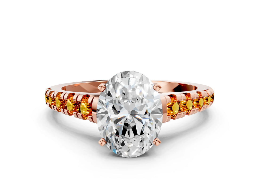 Rose gold Oval Cut Diamond Cathedral Solitaire Ring with Round with Citrine side stone Pavé Band_36