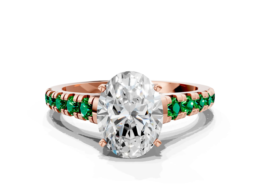 Rose gold Oval Cut Diamond Cathedral Solitaire Ring with Round with Emerald side stone Pavé Band