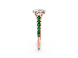 Rose gold Oval Cut Diamond Cathedral Solitaire Ring with Round with Emerald side stone Pavé Band_2