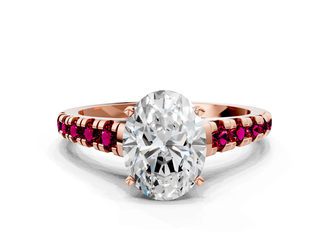 Rose gold Oval Cut Diamond Cathedral Solitaire Ring with Round with Garnet side stone Pavé Band_12