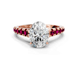 Rose gold Oval Cut Diamond Cathedral Solitaire Ring with Round with Garnet side stone Pavé Band_12