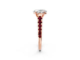 Rose gold Oval Cut Diamond Cathedral Solitaire Ring with Round with Garnet side stone Pavé Band_14