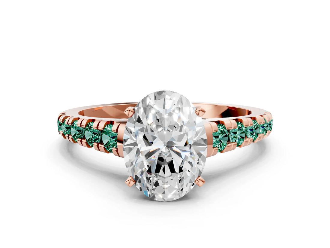 Rose gold Oval Cut Diamond Cathedral Solitaire Ring with Round with Green Sapphire side stone Pavé Band_12