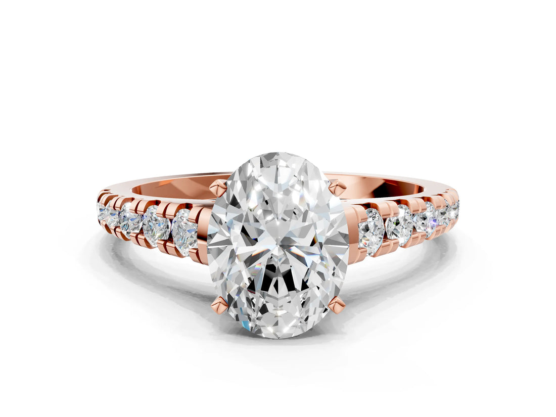 Rose gold Oval Cut Diamond Cathedral Solitaire Ring with Round with Moissanite side stone Pavé Band_24