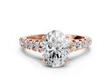 Rose gold Oval Cut Diamond Cathedral Solitaire Ring with Round with Moissanite side stone Pavé Band_24