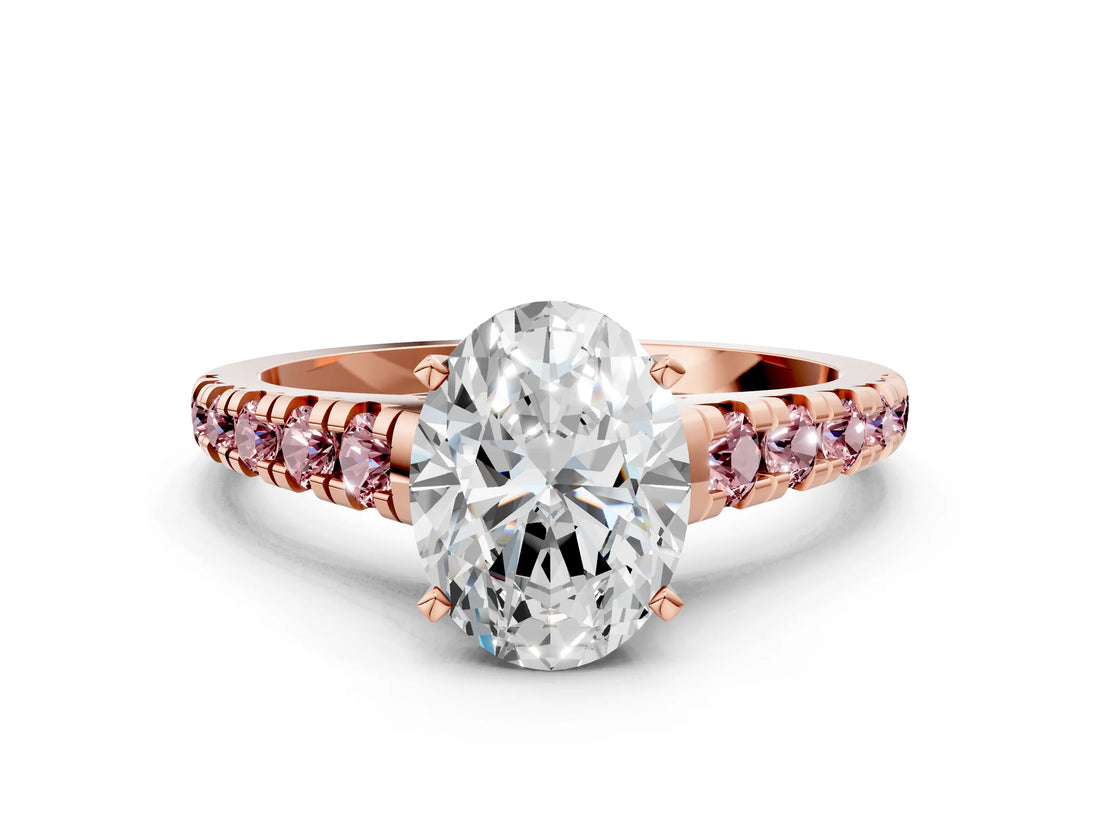 Rose gold Oval Cut Diamond Cathedral Solitaire Ring with Round with Morganite side stone Pavé Band_12