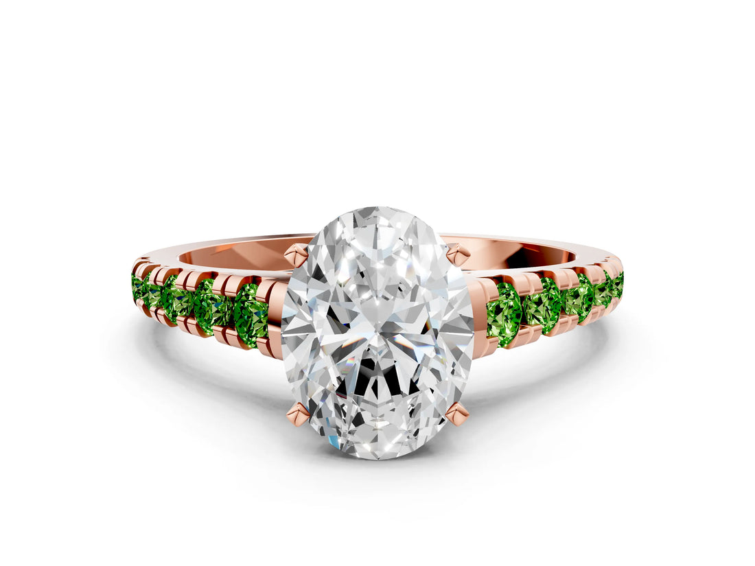 Rose gold Oval Cut Diamond Cathedral Solitaire Ring with Round with Peridot side stone Pavé Band
