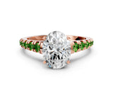Rose gold Oval Cut Diamond Cathedral Solitaire Ring with Round with Peridot side stone Pavé Band