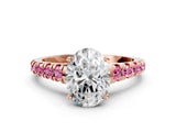 Rose gold Oval Cut Diamond Cathedral Solitaire Ring with Round with Pink Sapphire side stone Pavé Band_12