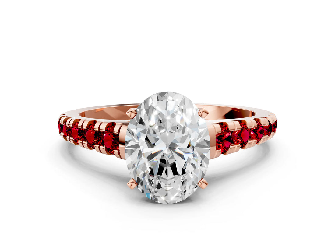 Rose gold Oval Cut Diamond Cathedral Solitaire Ring with Round with Ruby side stone Pavé Band_48