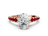 Rose gold Oval Cut Diamond Cathedral Solitaire Ring with Round with Ruby side stone Pavé Band_48
