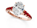 Rose gold Oval Cut Diamond Cathedral Solitaire Ring with Round with Ruby side stone Pavé Band_49