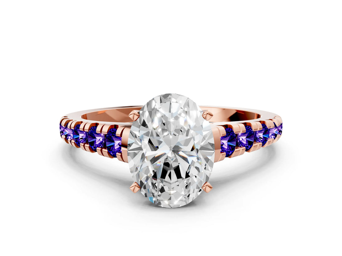 Rose gold Oval Cut Diamond Cathedral Solitaire Ring with Round with Tanzanite side stone Pavé Band