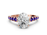 Rose gold Oval Cut Diamond Cathedral Solitaire Ring with Round with Tanzanite side stone Pavé Band