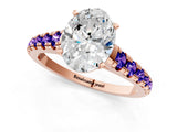 Rose gold Oval Cut Diamond Cathedral Solitaire Ring with Round with Tanzanite side stone Pavé Band_1