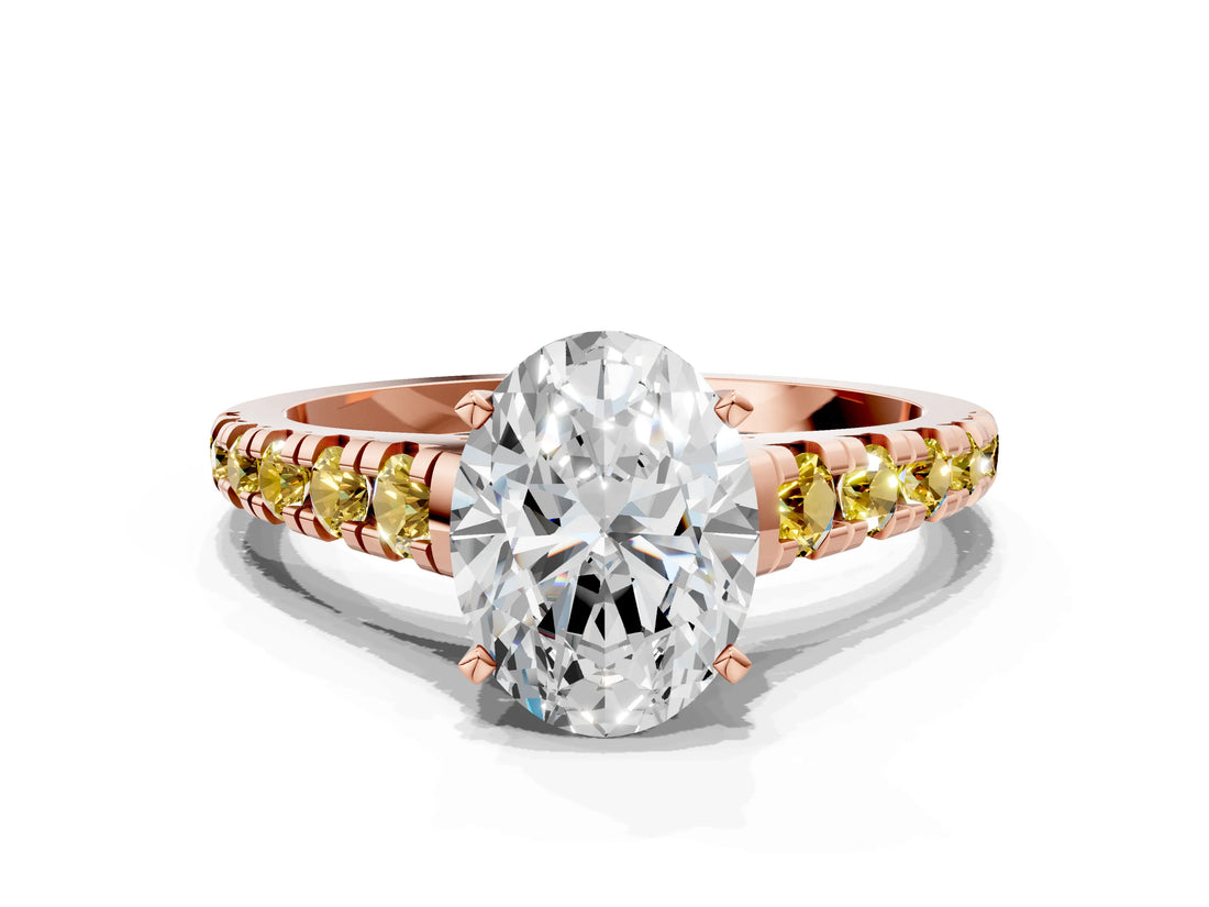 Rose gold Oval Cut Diamond Cathedral Solitaire Ring with Round with Yellow Sapphire side stone Pavé Band_48