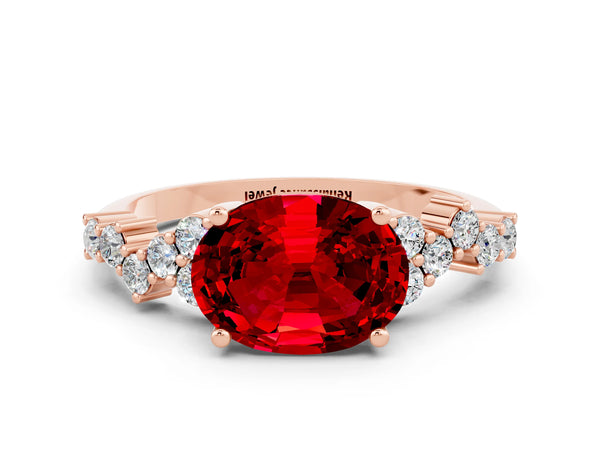 Rose gold Oval Cut Ruby Scattered Round Accent Ring with Prong Setting