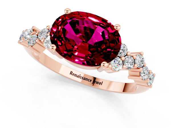 Rose gold Oval Cut Garnet Scattered Round Accent Ring with Prong Setting