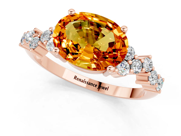 Rose gold Oval Cut Citrine Scattered Round Accent Ring with Prong Setting