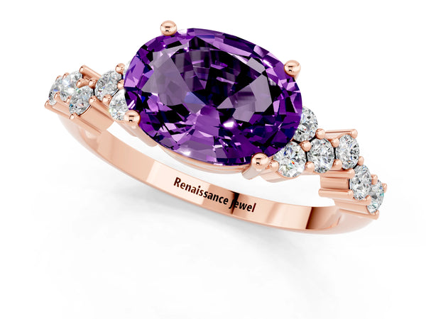 Rose gold Oval Cut Amethyst Scattered Round Accent Ring with Prong Setting