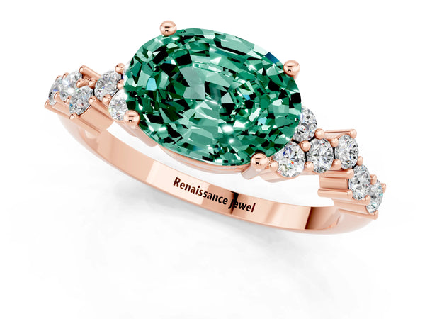 Rose gold Oval Cut Green Sapphire Scattered Round Accent Ring with Prong Setting