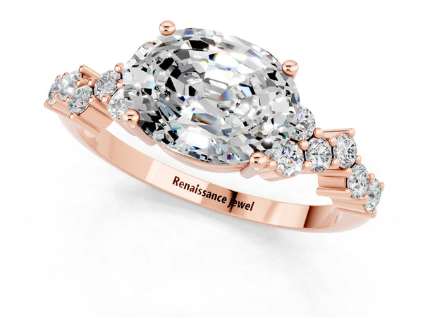 Rose gold Oval Cut Moissanite Scattered Round Accent Ring with Prong Setting