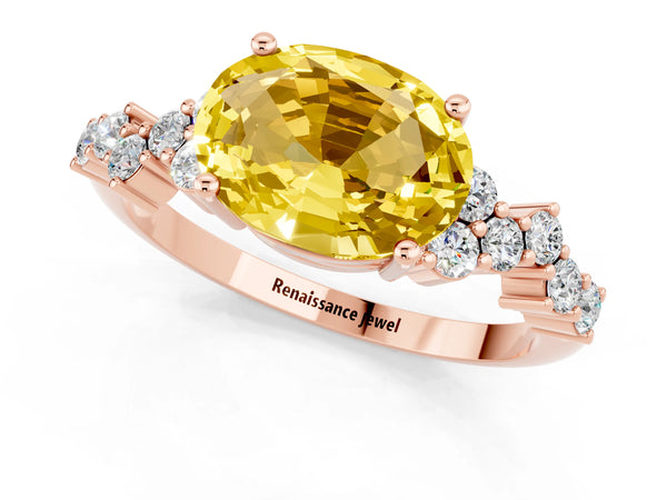 Rose gold Oval Cut Yellow Sapphire Scattered Round Accent Ring with Prong Setting