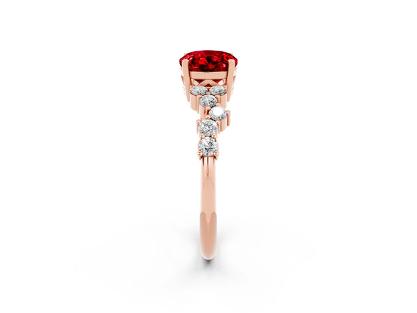 Rose gold Oval Cut Ruby Scattered Round Accent Ring with Prong Setting