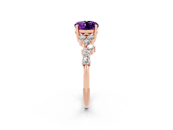 Rose gold Oval Cut Amethyst Scattered Round Accent Ring with Prong Setting