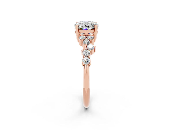 Rose gold Oval Cut Moissanite Scattered Round Accent Ring with Prong Setting
