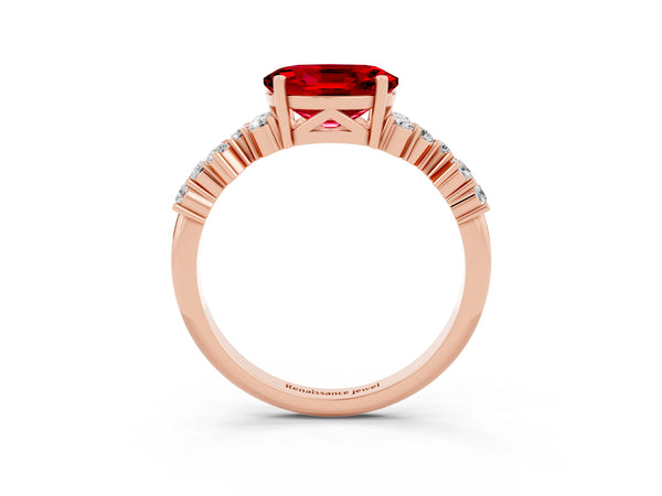 Rose gold Oval Cut Ruby Scattered Round Accent Ring with Prong Setting