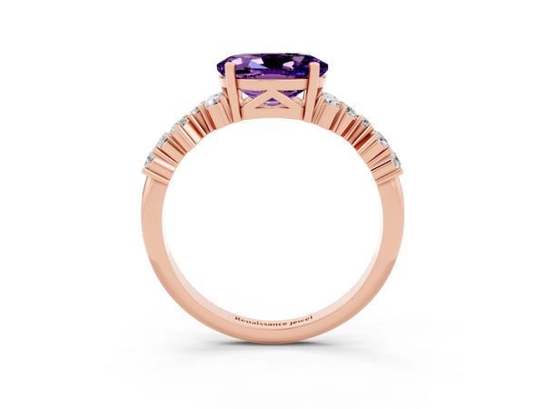 Rose gold Oval Cut Amethyst Scattered Round Accent Ring with Prong Setting