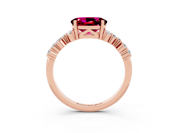 Rose gold Oval Cut Garnet Scattered Round Accent Ring with Prong Setting