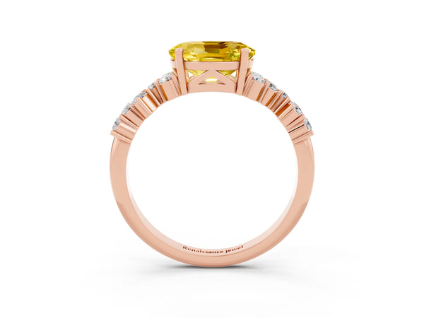 Rose gold Oval Cut Yellow Sapphire Scattered Round Accent Ring with Prong Setting