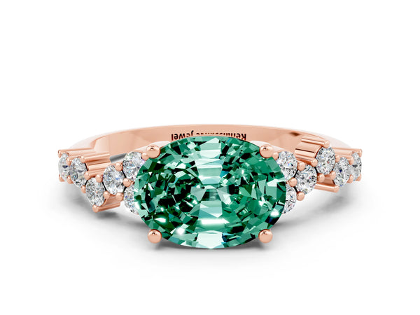 Rose gold Oval Cut Green Sapphire Scattered Round Accent Ring with Prong Setting